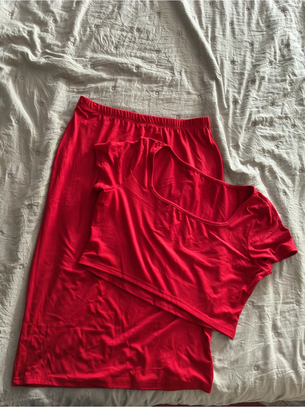 Women's Red Midi Skirt Set - Soft Short Sleeve Top & Midi Skirt